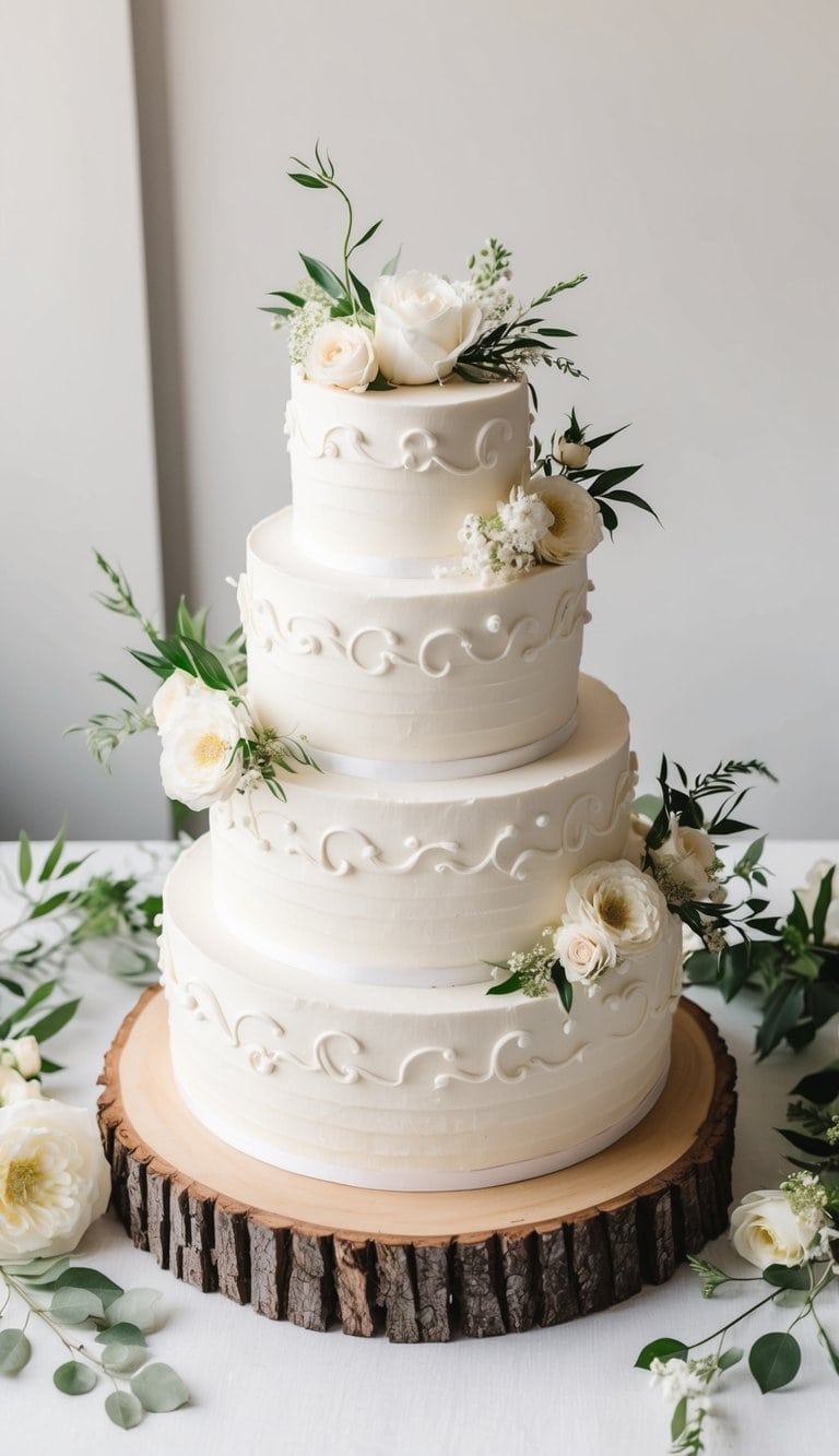 An elegant wedding cake displayed on a rustic log slice stand surrounded by floral decorations