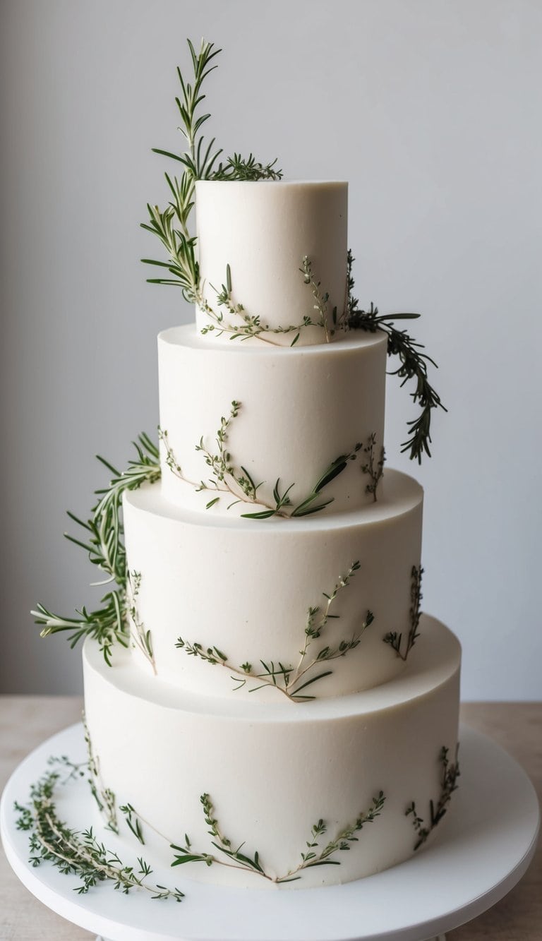A tiered wedding cake adorned with delicate rosemary and thyme sprigs, featuring elegant and intricate designs to celebrate brides-to-be