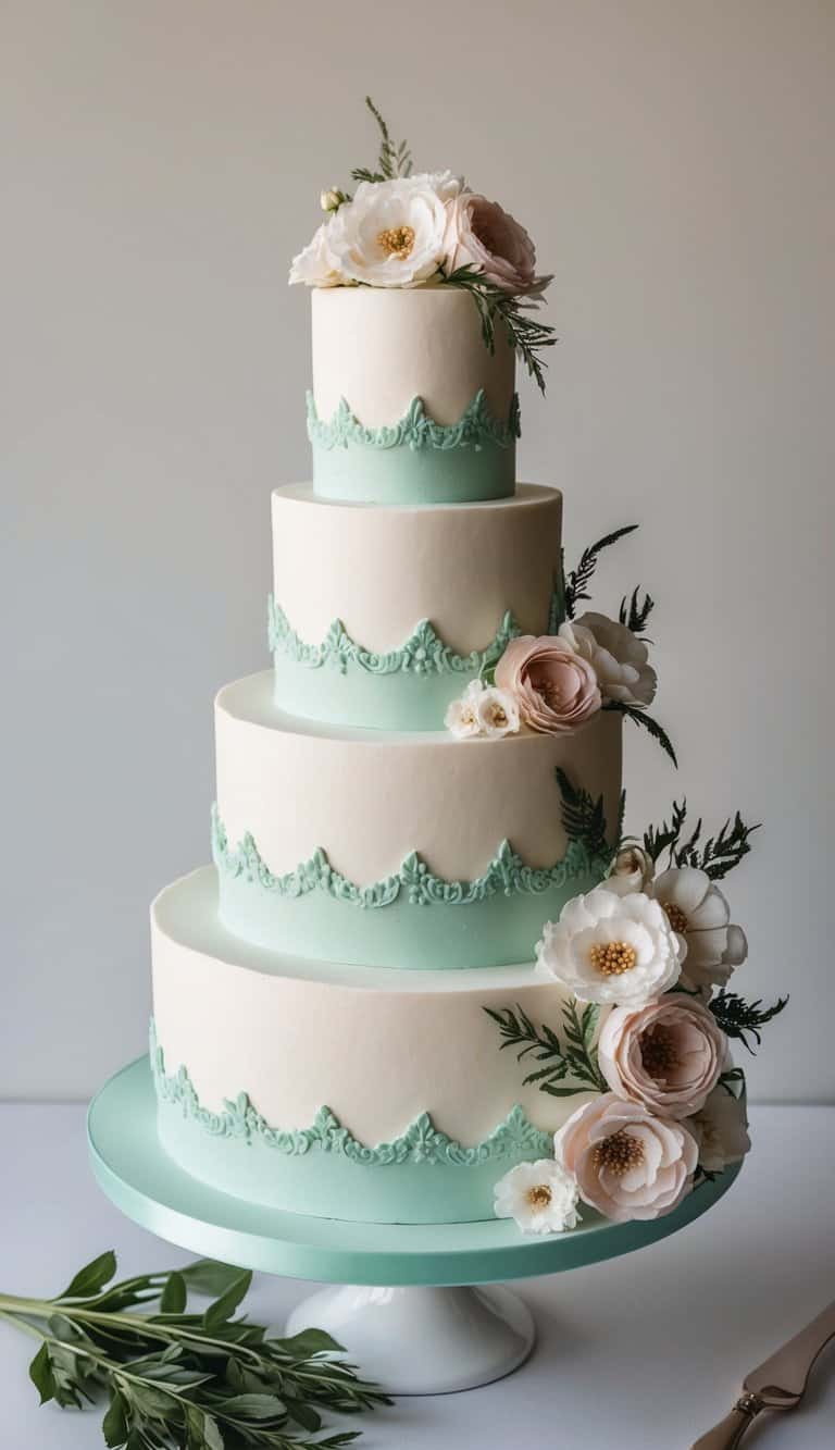 A tiered wedding cake with frosted mint edges and intricate floral designs