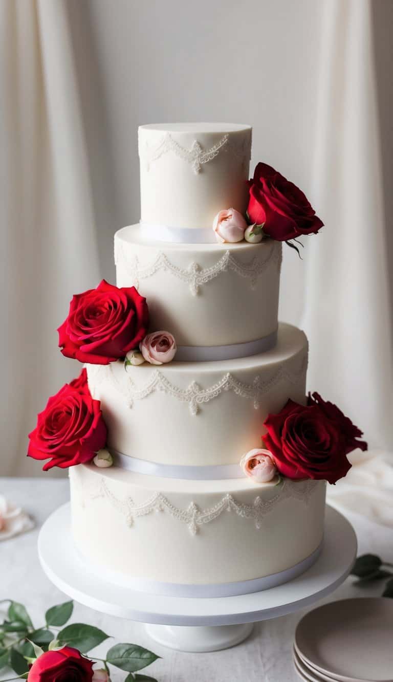 A three-tiered white cake adorned with vibrant red roses and delicate lace piping, set against a backdrop of soft, romantic lighting