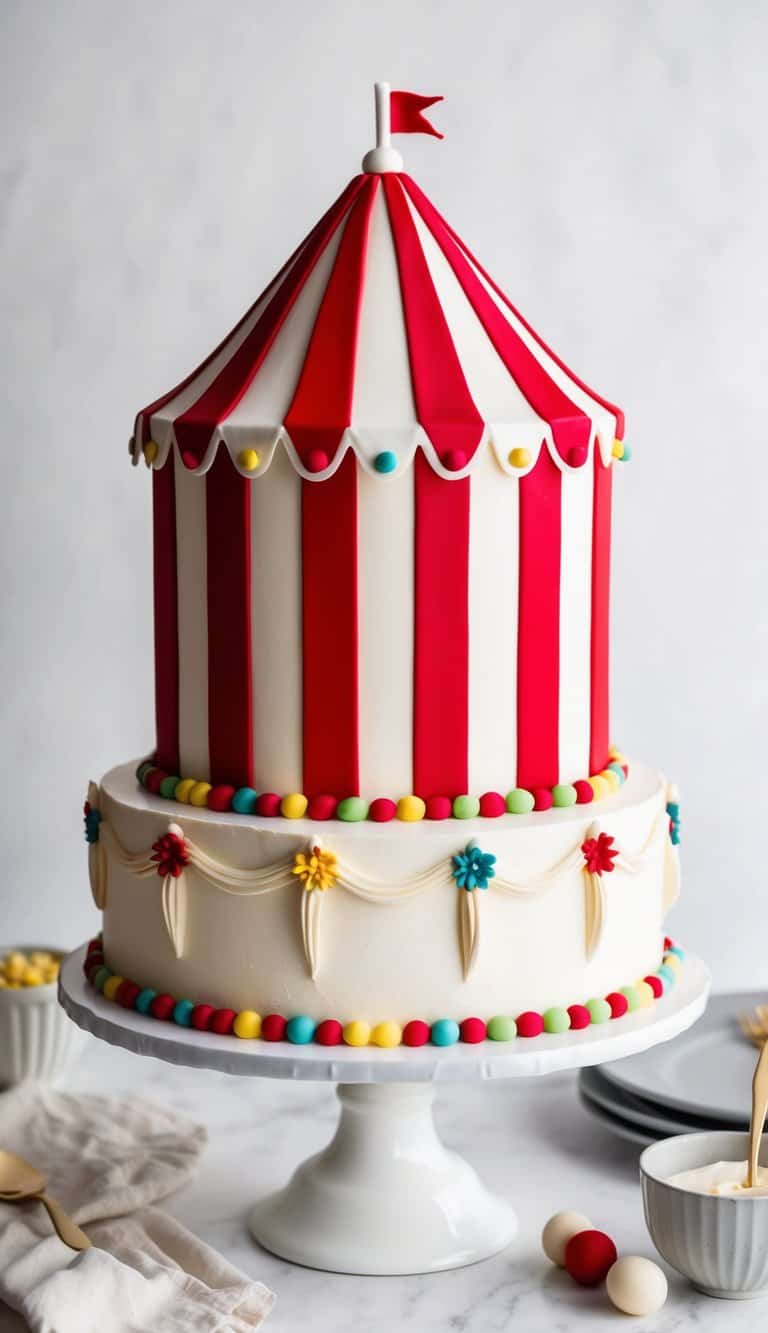 A circus tent cake with bold red and white stripes stands tall, adorned with vibrant and playful decorations