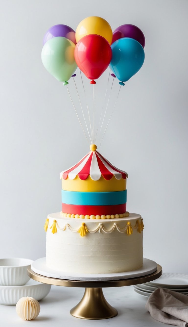 Colorful edible balloons made of isomalt or gelatin floating above a vibrant circus-themed cake