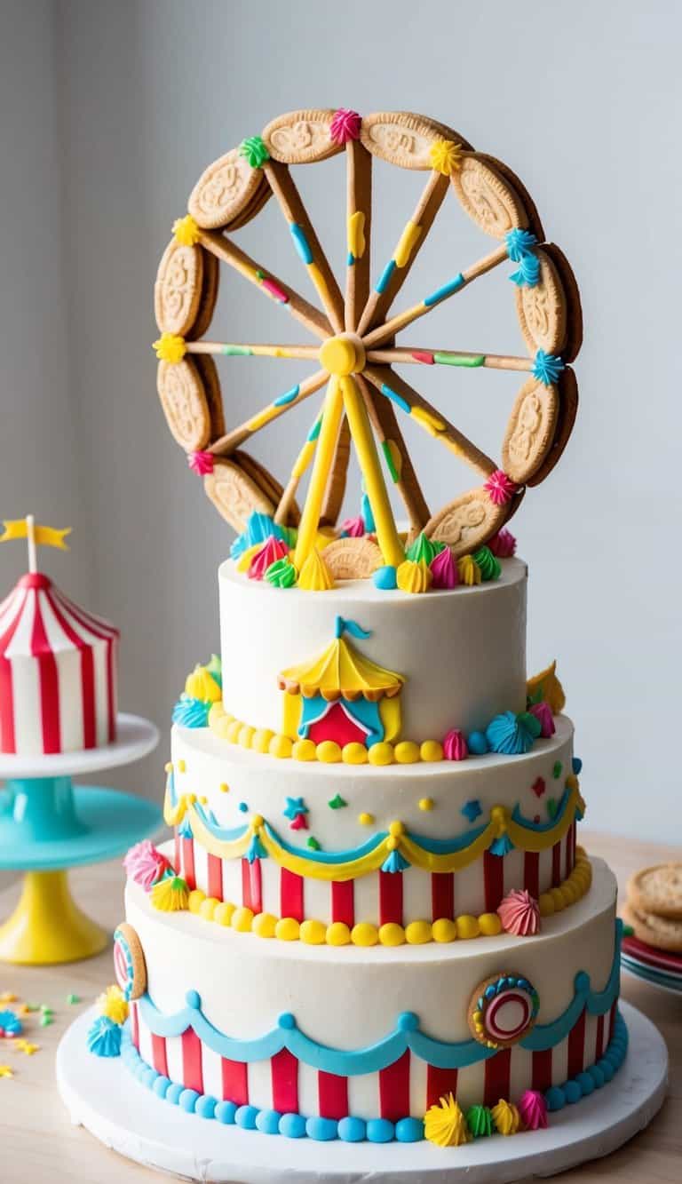 A Ferris wheel made of cookies, adorned with colorful icing and circus-themed decorations, stands as the centerpiece of a vibrant and playful circus cake