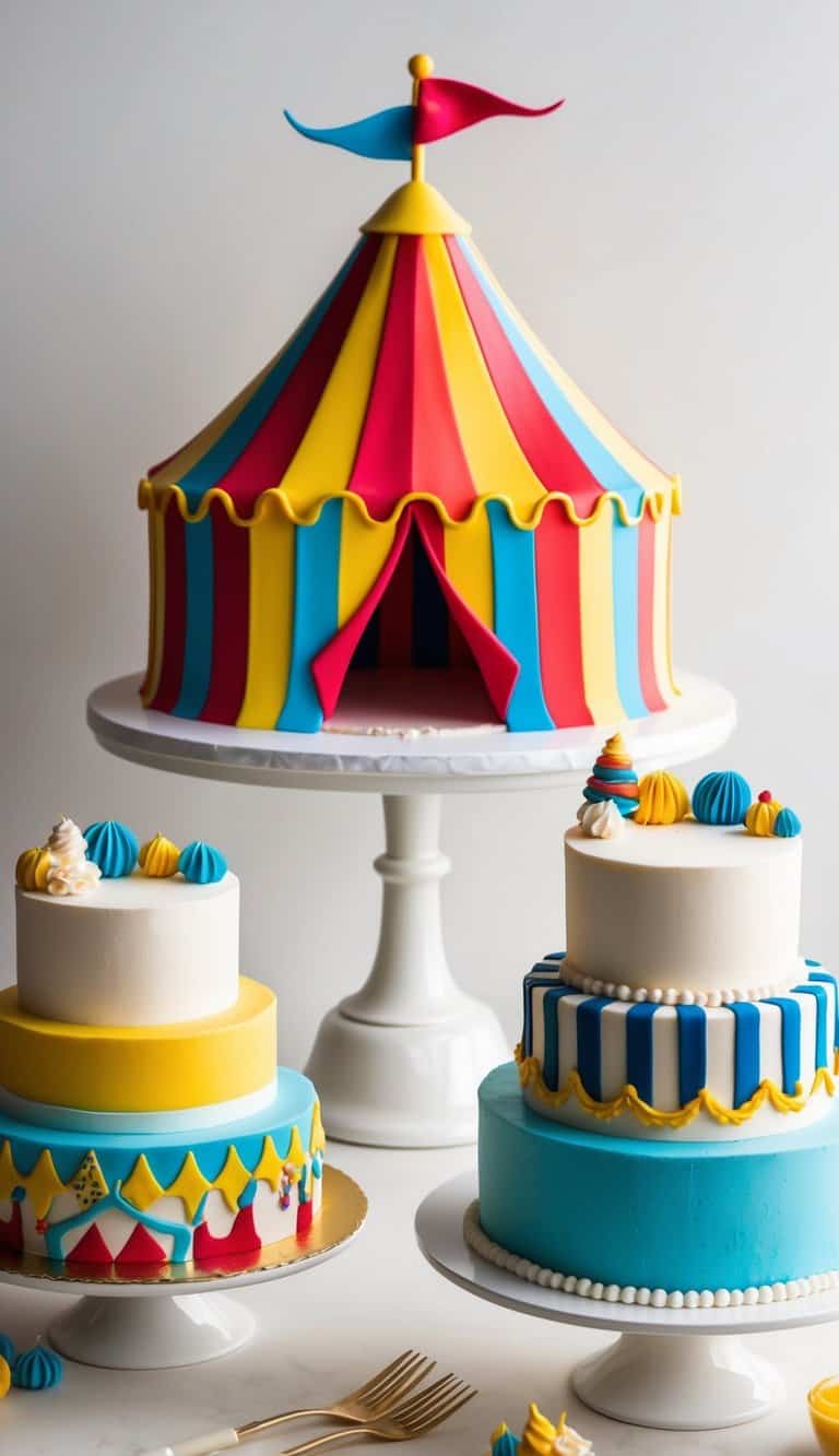 A colorful big top tent with frosted peaks stands tall, surrounded by vibrant circus-themed cakes