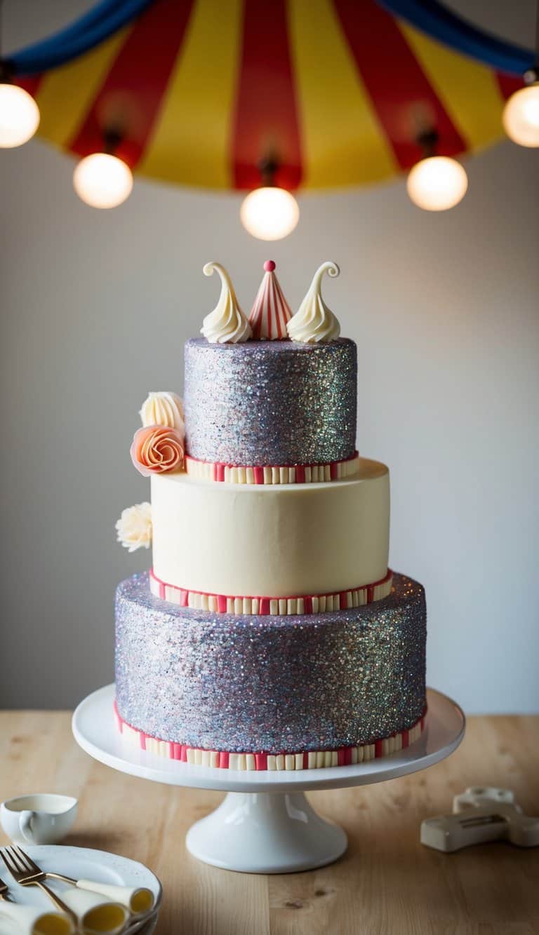 A circus-themed cake covered in edible glitter sparkles under bright lights
