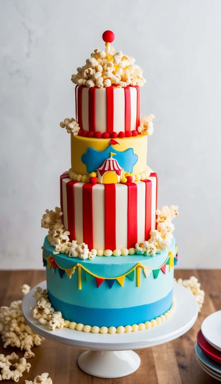 A colorful circus cake adorned with marzipan popcorn and whimsical decorations