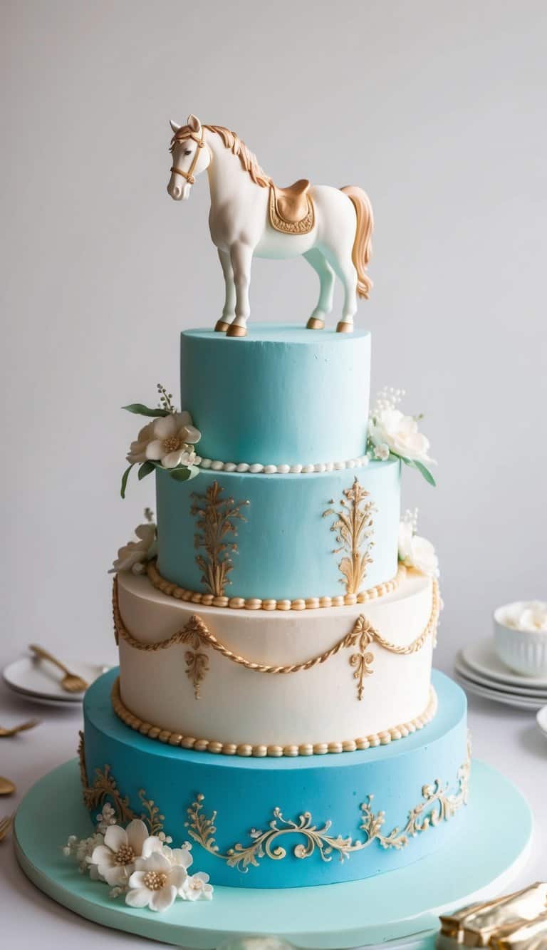 A sugar paste horse stands on a grand Cinderella-themed cake, surrounded by enchanting decorations