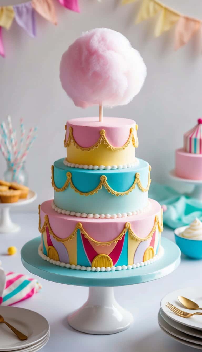 A colorful circus cake topped with a fluffy cotton candy in a whimsical, festive setting