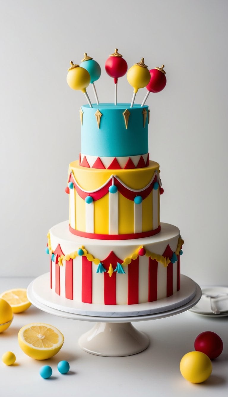 A colorful circus-themed cake adorned with ring pops as decorative jewels