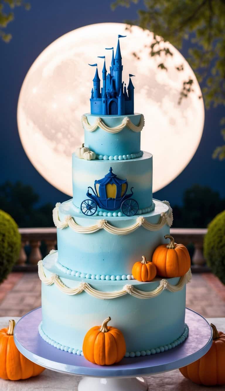 A moonlit castle courtyard with Cinderella's carriage and magical pumpkins