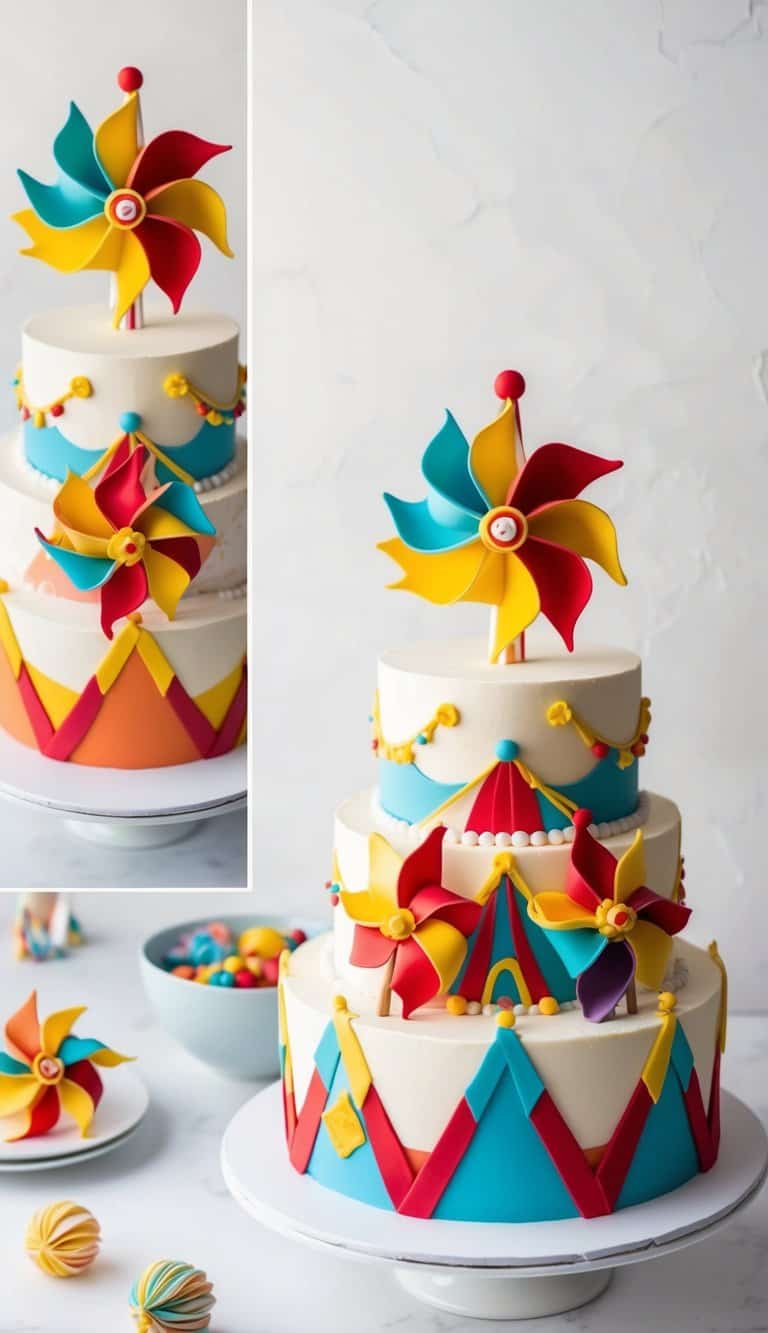 A festive circus cake adorned with colorful pinwheels and playful decorations