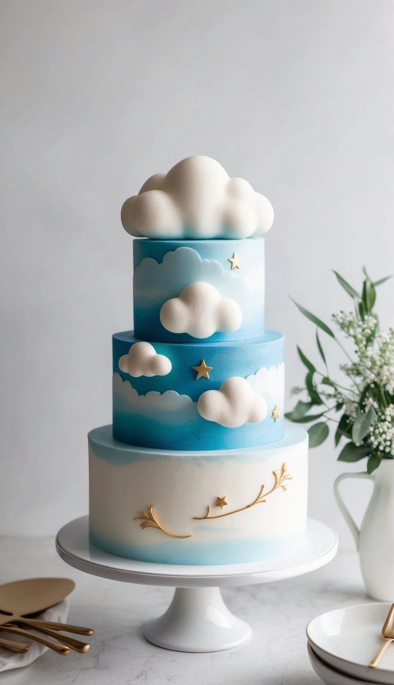 A cake decorated with pastillage clouds floating in a dreamy, sky-inspired scene