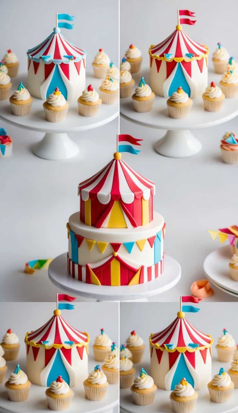 Mini cupcakes arranged in a circle, each decorated as a colorful circus tent with stripes, flags, and playful details