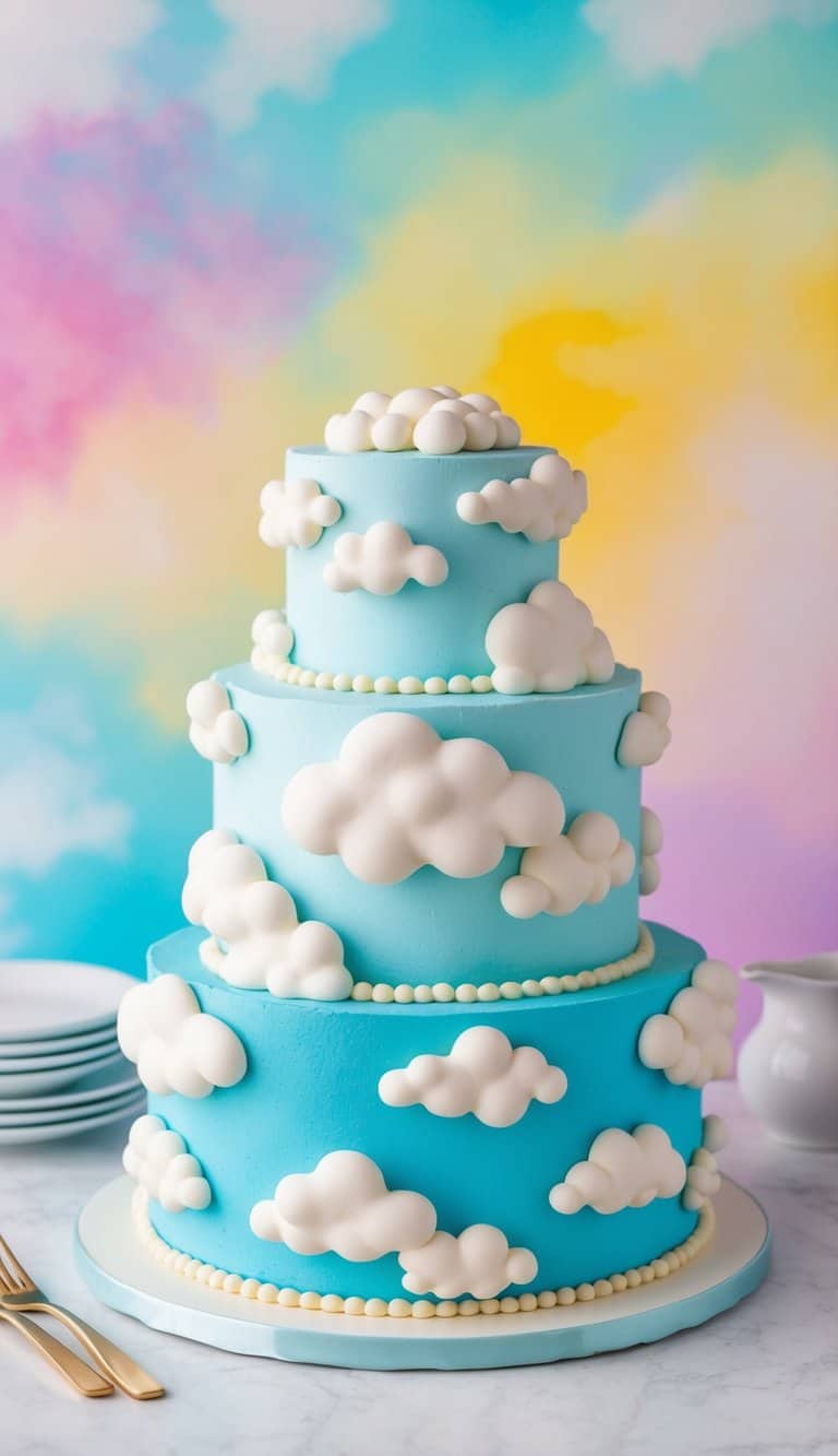 A cake covered in fluffy clouds, with colorful skies in the background created by Color Mist food spray