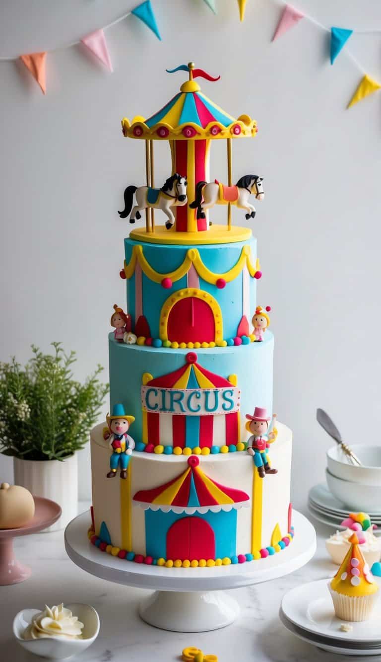 A carousel horse topper sits atop a vibrant circus-themed cake, surrounded by colorful fondant decorations and whimsical circus characters