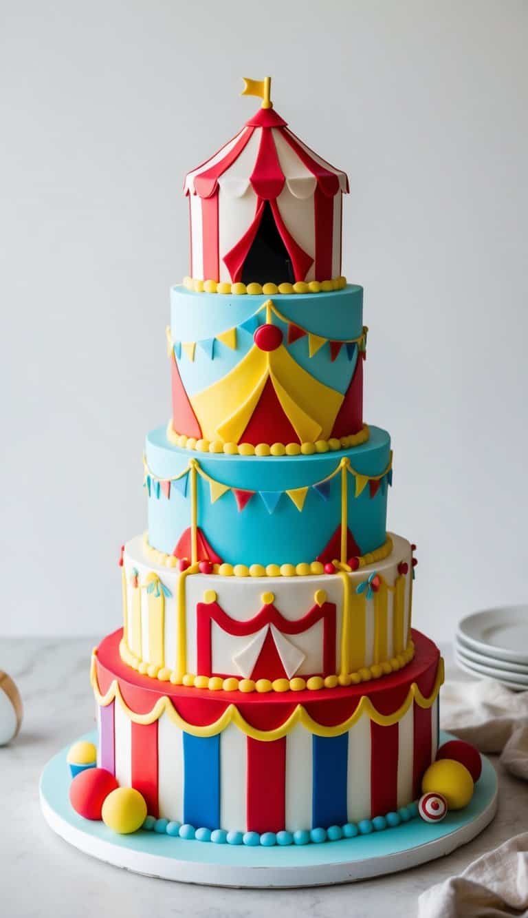 A multi-tiered cake with vibrant circus-themed decorations, each layer representing a different circus act