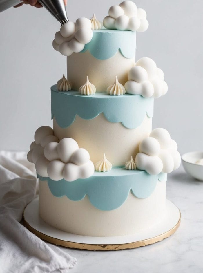A three-tiered cake with a blue and white cloud theme is being decorated. A hand holds a piping bag, adding icing. The cake is topped with fluffy cloud-shaped decorations and white icing peaks. A white cloth and a bowl are visible in the background.