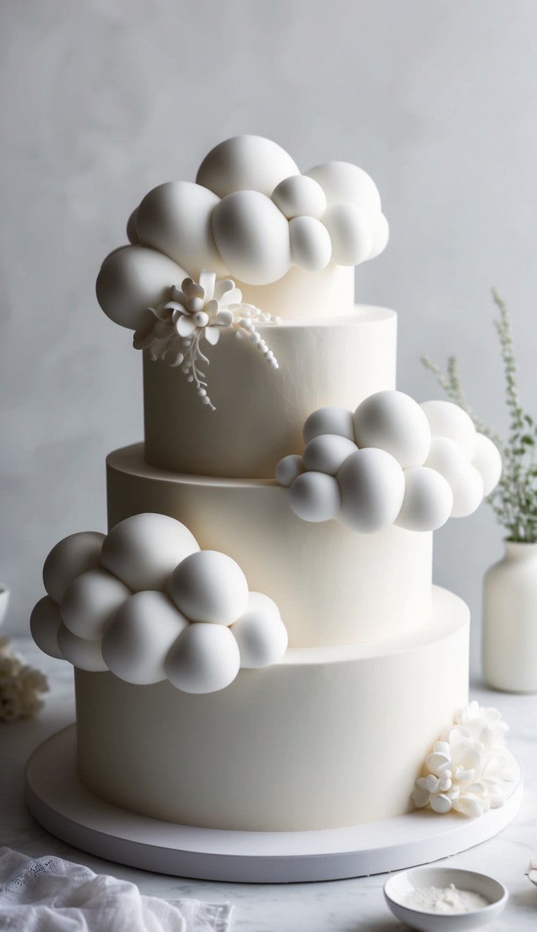 Fluffy 3D fondant clouds adorn a dreamy cake, creating a whimsical and ethereal atmosphere