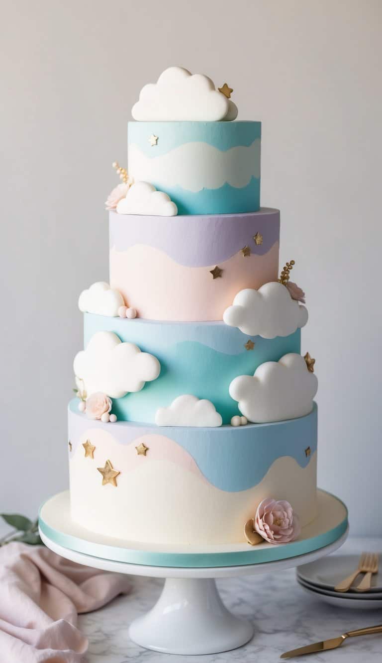 A whimsical cake adorned with pastel-hued clouds and dreamy decorations