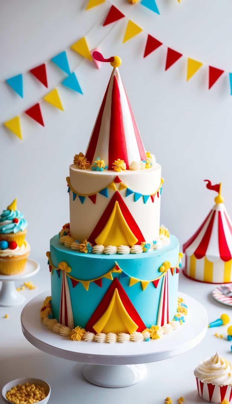 Colorful circus cake with sugar cone tent peaks, surrounded by playful circus-themed decorations