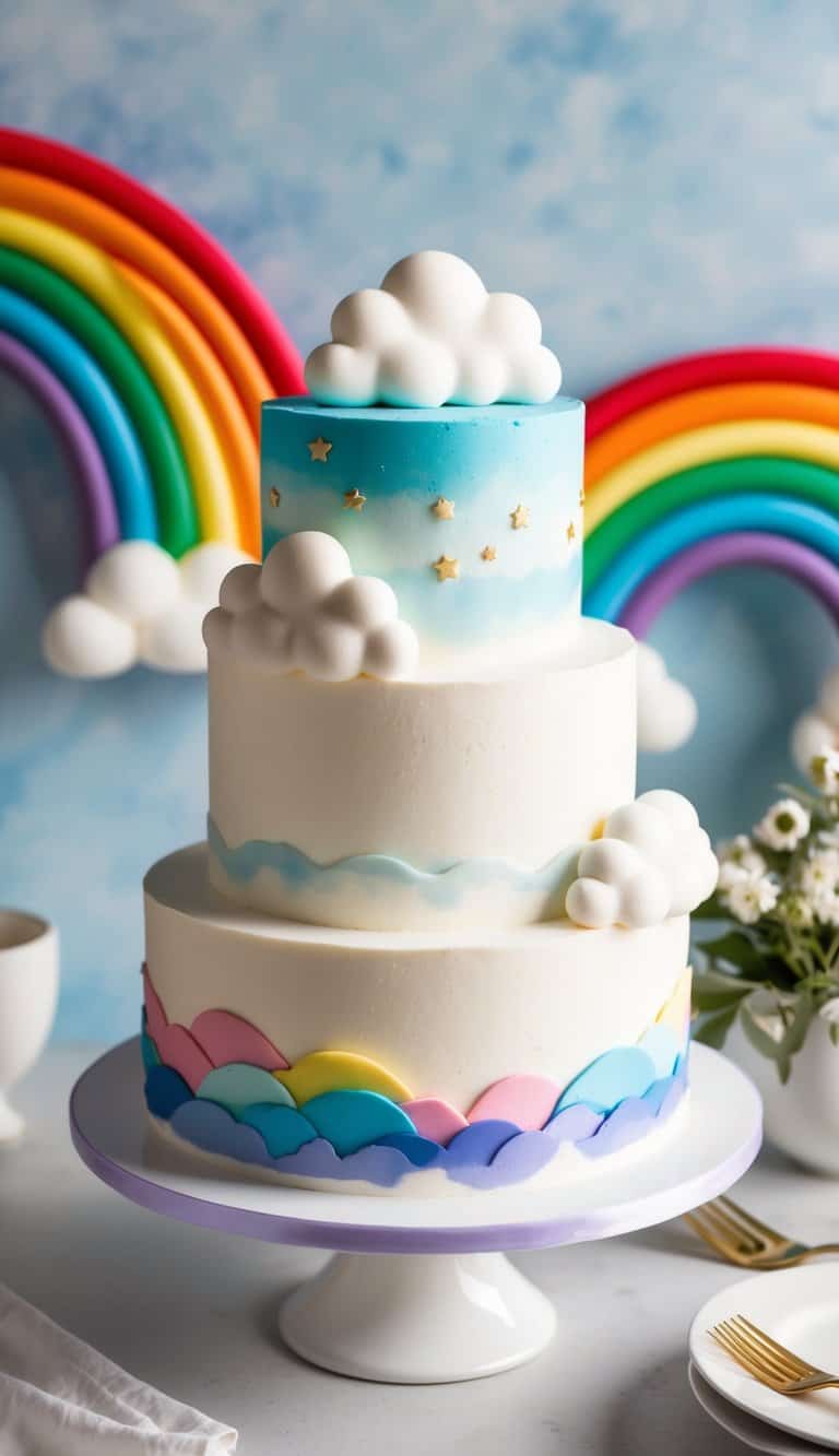 A dreamy cake decorated with fluffy clouds and colorful rainbows in the background