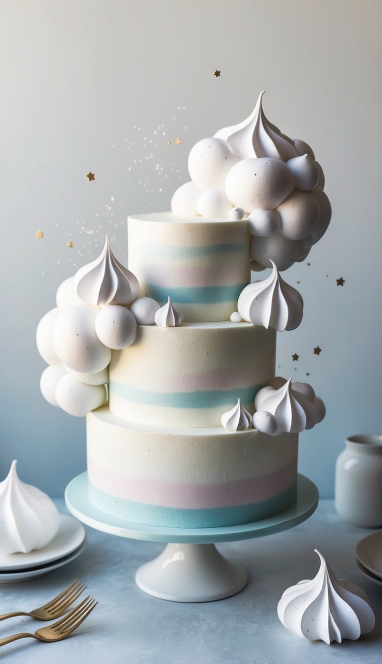 Fluffy meringue clouds swirl around a dreamy cake, creating a whimsical and ethereal atmosphere