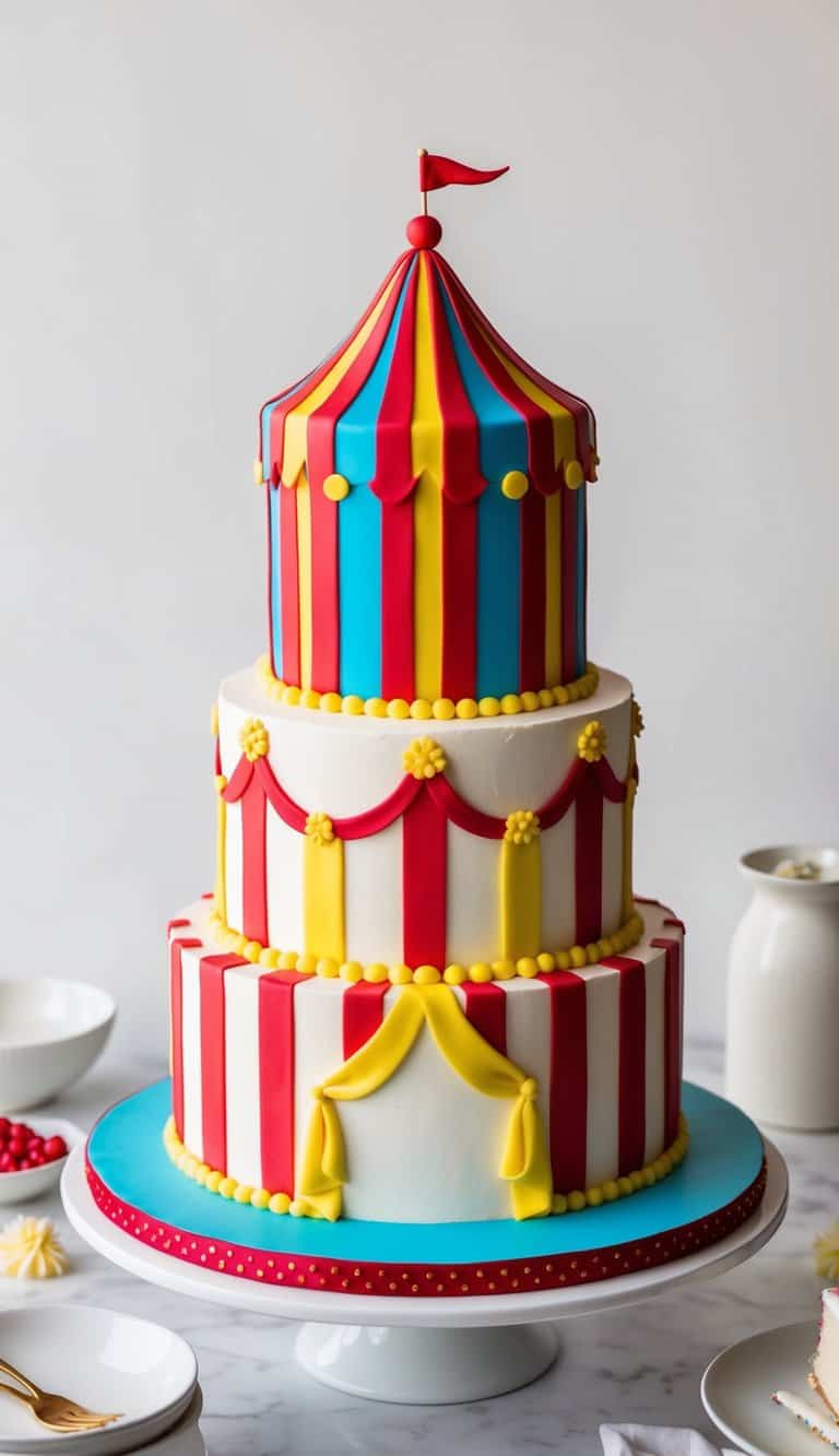 Vibrant circus-themed cake with striped fondant curtains