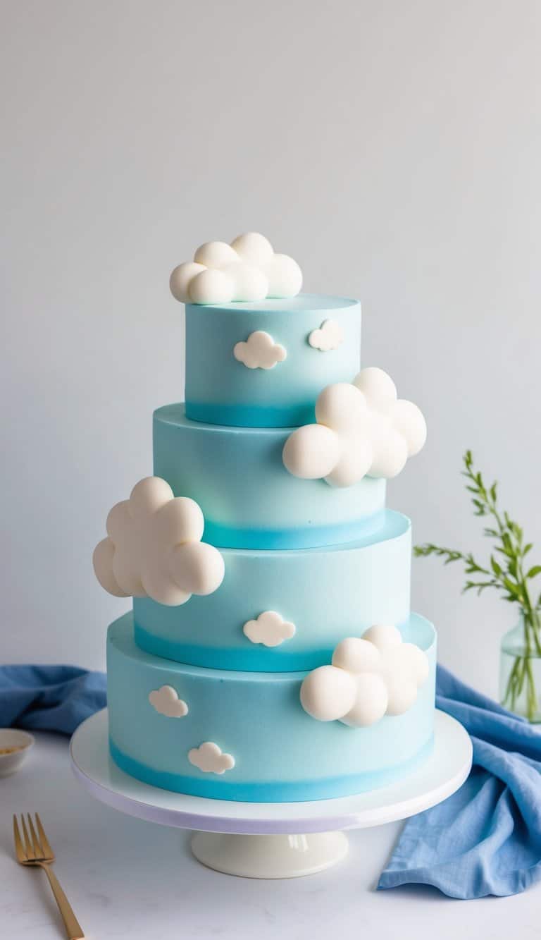 A cake with light blue frosting, resembling a dreamy sky with fluffy cloud decorations