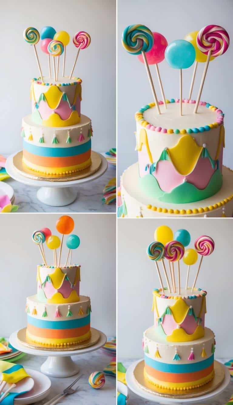 A colorful circus cake adorned with taffy, lollipops, and other playful decorations, creating a vibrant and whimsical spectacle