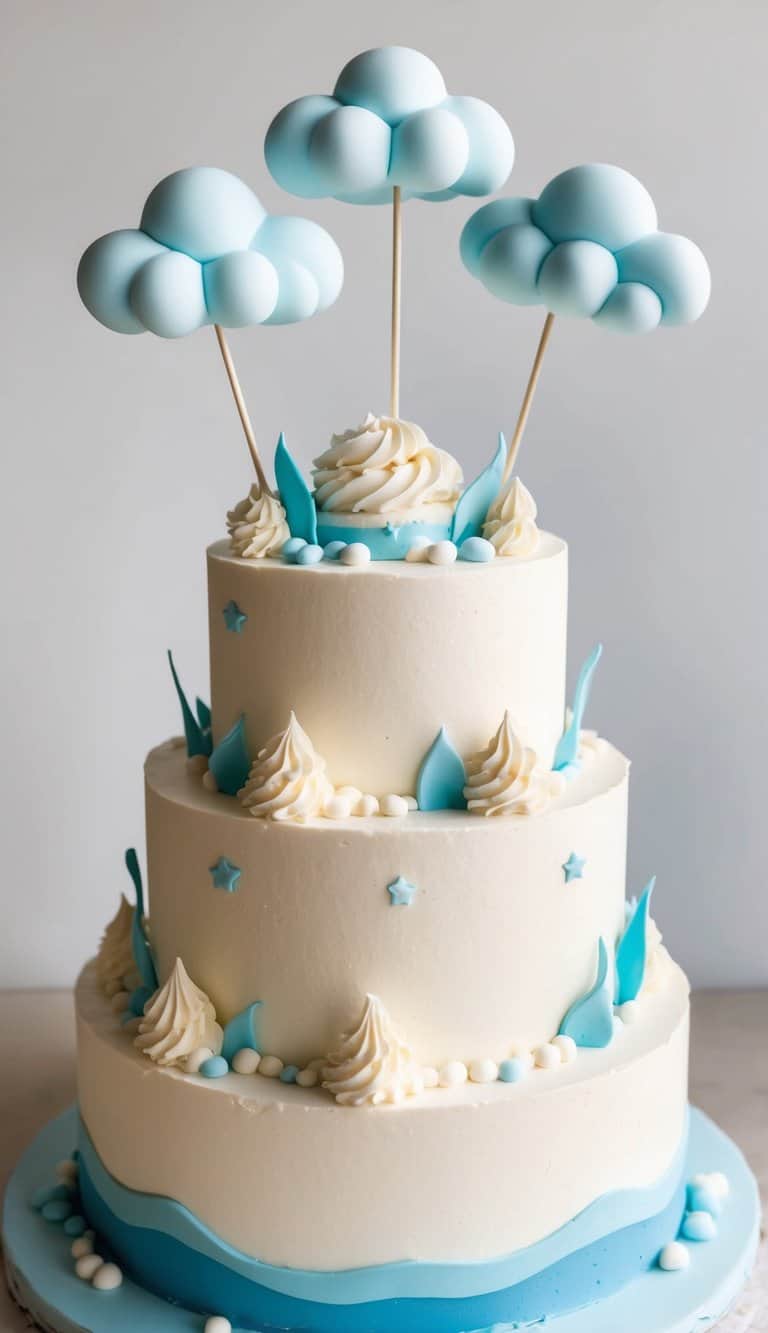 A whimsical cake adorned with cloud-shaped toppers, surrounded by fluffy white frosting and pastel blue accents