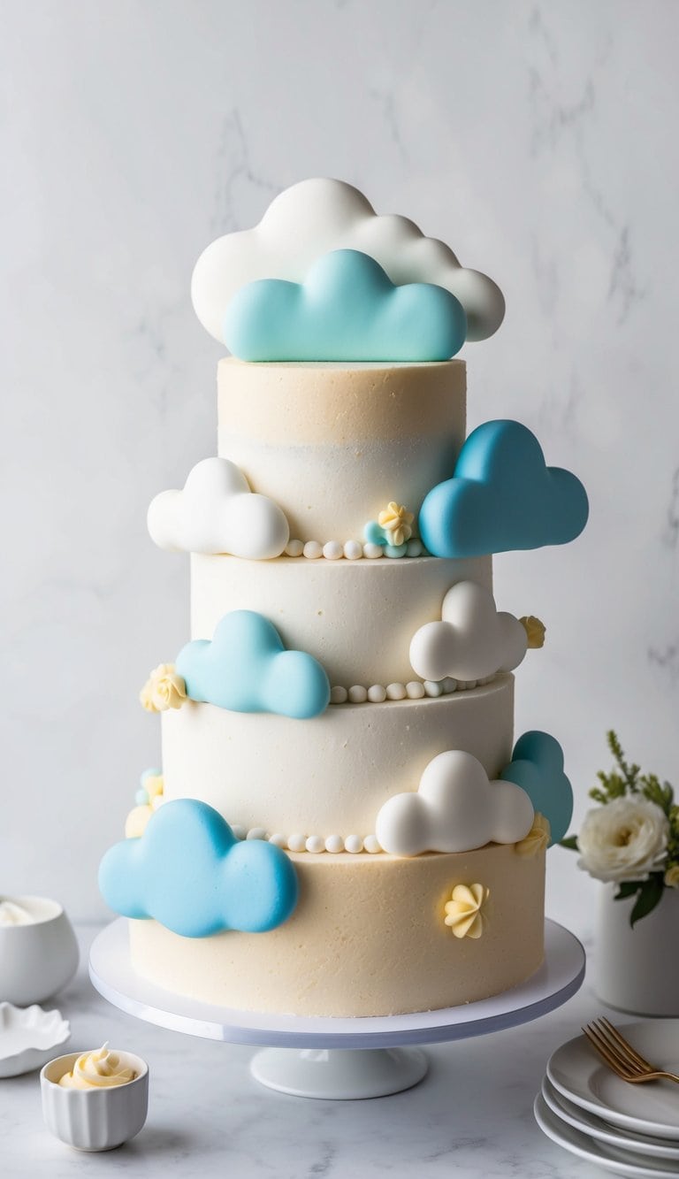 A sponge cake decorated with fluffy clouds in various shapes and sizes, creating a dreamy and whimsical scene