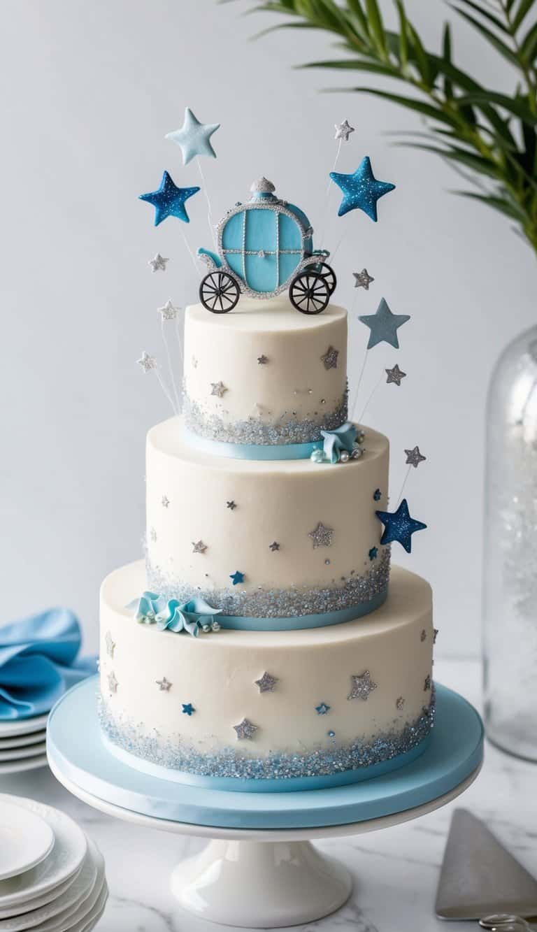 A magical cake with a tiny fondant coach surrounded by shimmering stars and delicate blue and silver decorations