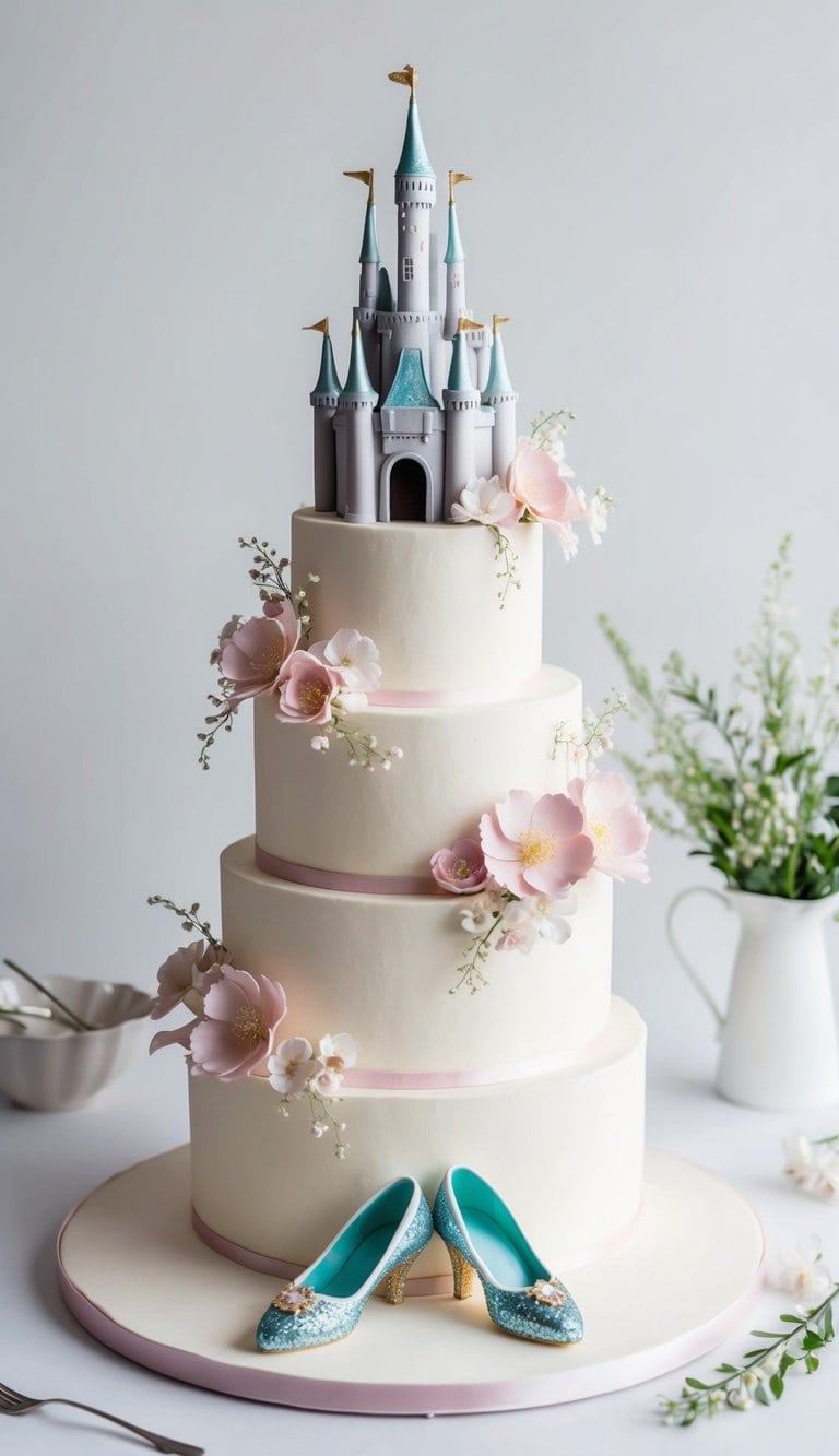 A grand castle cake adorned with delicate pastel flowers and sparkling glass slippers, evoking a dreamy Cinderella-inspired scene