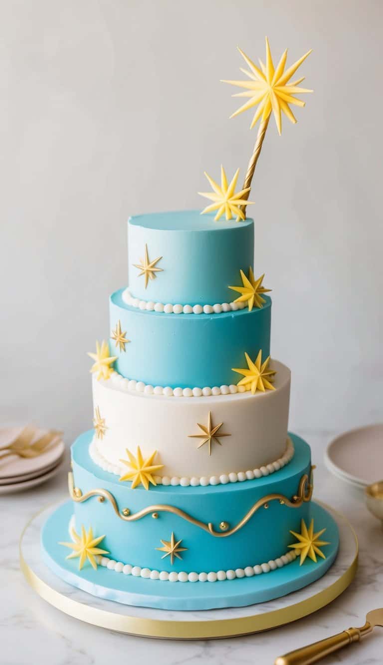 A magical cake with a wand and starbursts, inspired by Cinderella's magical world