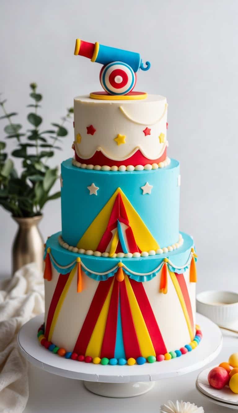 A colorful circus cake with a miniature candy cannon on top