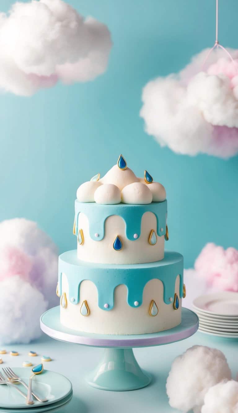 A cloud-shaped cake adorned with edible raindrop charms, surrounded by fluffy cotton candy clouds and a pastel blue sky