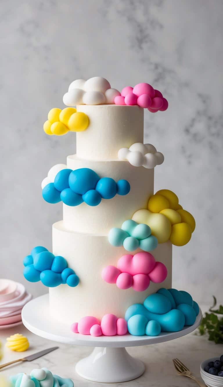 Vibrant clouds of gel food colors swirl across a dreamy cake design, inspired by fluffy clouds