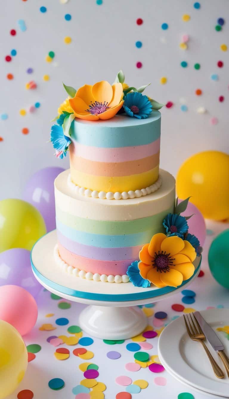 A vibrant rainbow flower cake surrounded by colorful confetti and party decorations