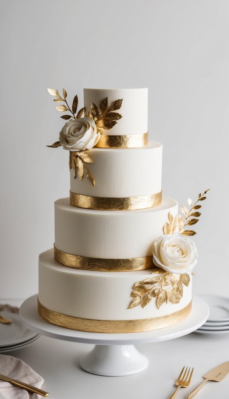 A tiered cake with gold leaf accents and decorative elements