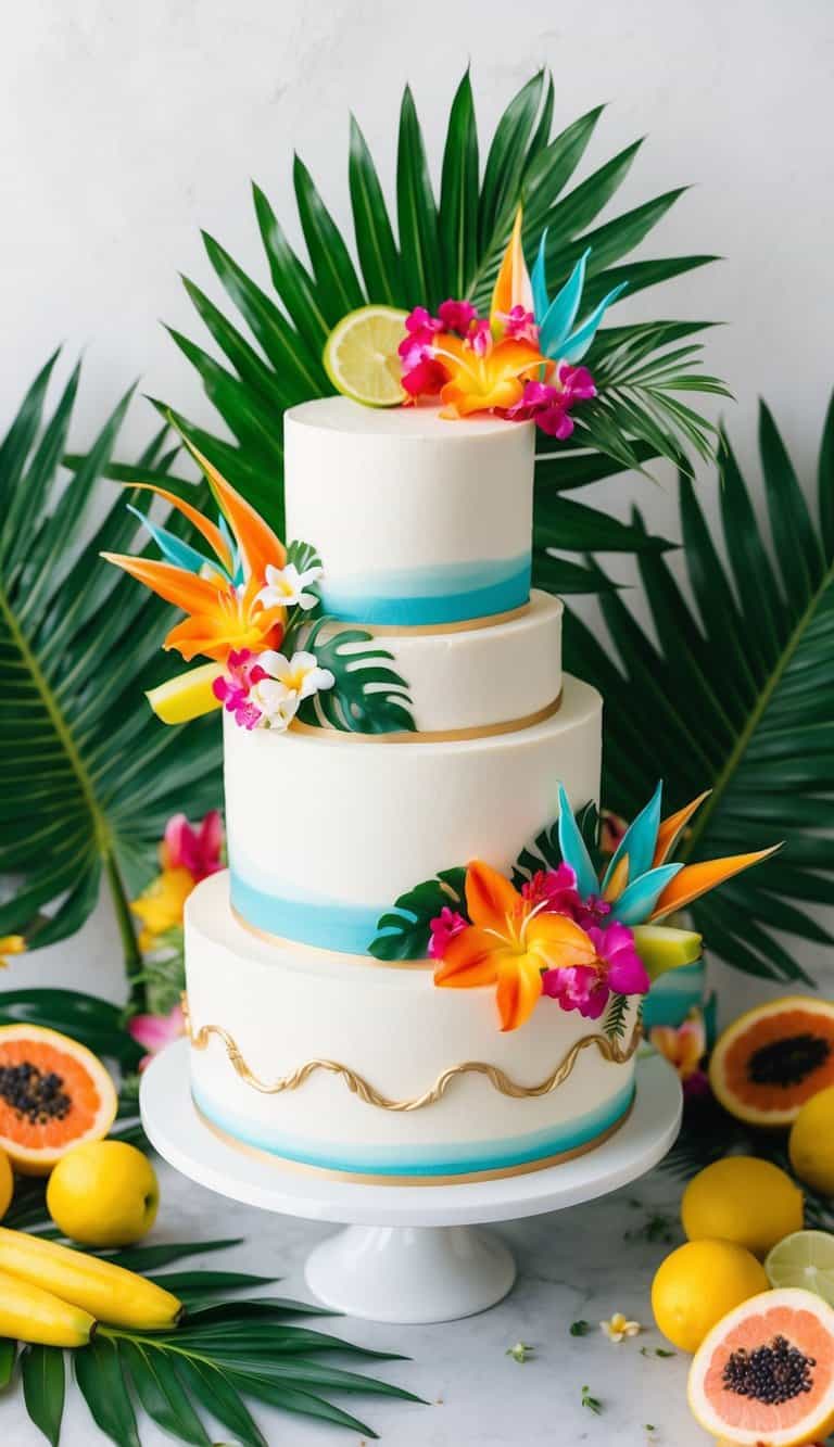 A tropical-themed cake surrounded by vibrant flowers, palm leaves, and colorful fruit, with a festive and celebratory atmosphere