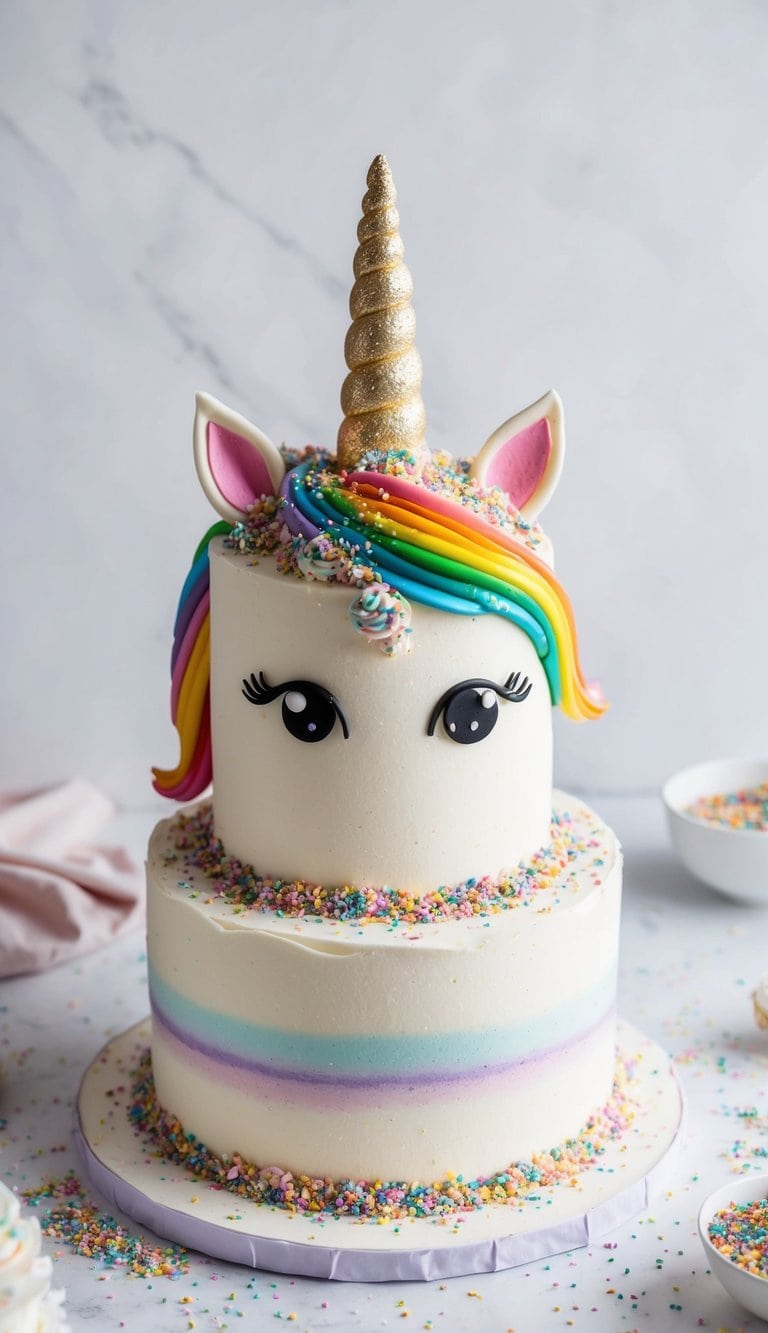 A whimsical unicorn cake surrounded by colorful sprinkles and edible glitter, topped with a sparkling golden horn and vibrant rainbow mane