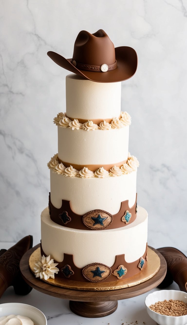 A cowboy hat cake topper sits atop a cake surrounded by cowboy boots and western-themed decorations