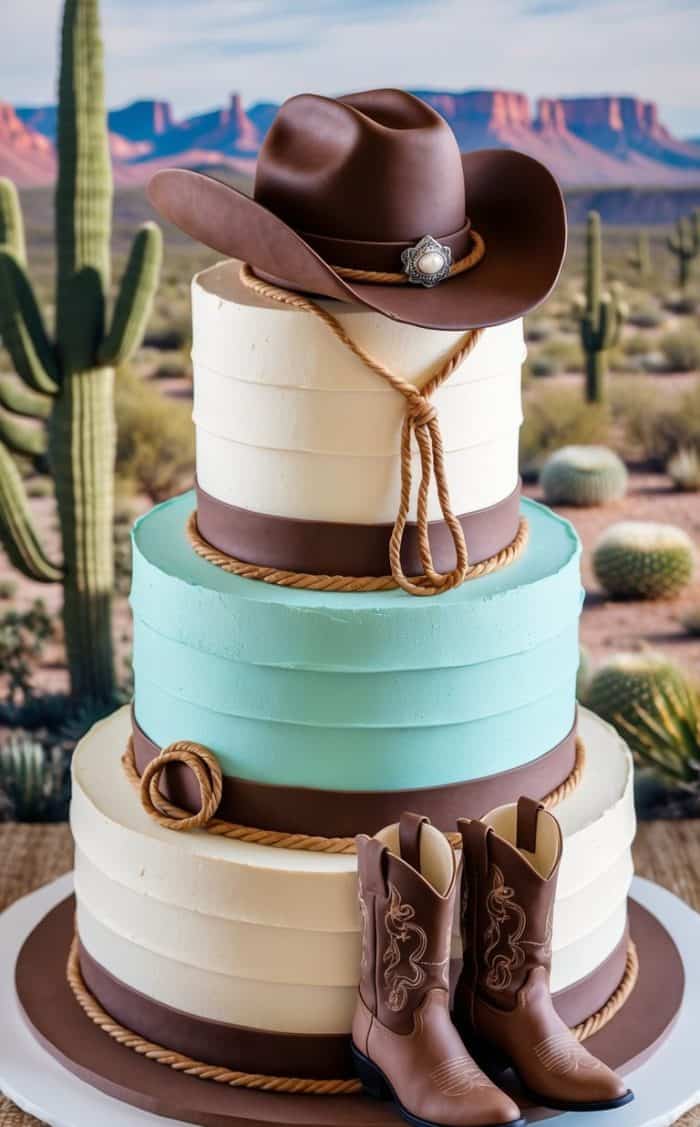 A three-tiered cake decorated with brown and turquoise icing, fondant rope trim, a cowboy hat on top, and cowboy boots at the base. The cake is set against a desert scene with cacti and mesas.