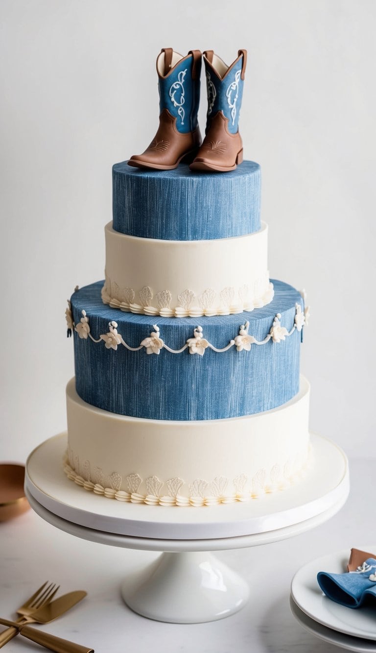 A cowgirl-themed cake decorated with denim texture fondant and cowboy boots