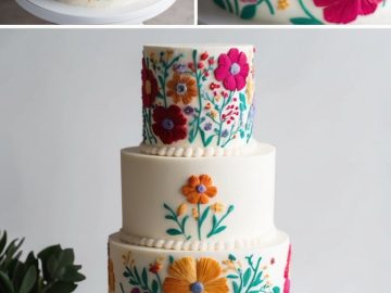 A three-tier white cake decorated with colorful, embroidered-style floral designs in red, orange, pink, purple, and blue, displayed on a white cake stand with greenery nearby.