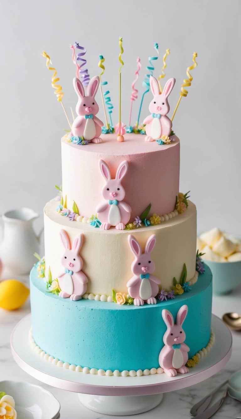 A colorful cake adorned with pastel bunnies and celebratory decorations