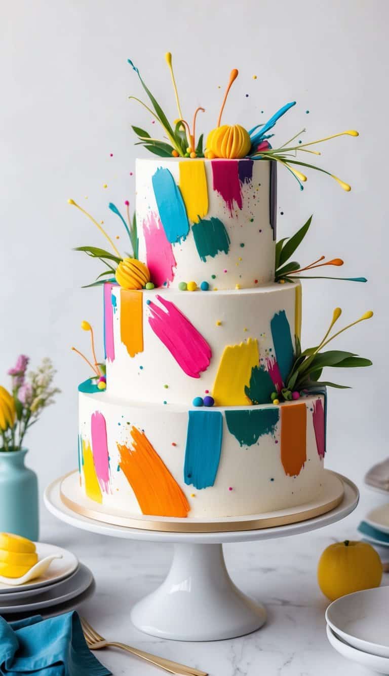 A colorful and vibrant cake adorned with abstract brushstroke patterns and splashes of bold colors, exuding a sense of joy and celebration