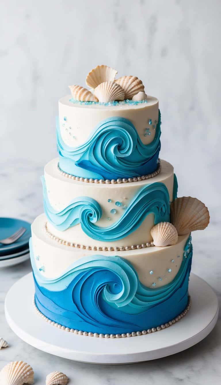A vibrant ocean wave-themed cake with swirling blue and white frosting, adorned with edible seashells and sparkling sugar crystals