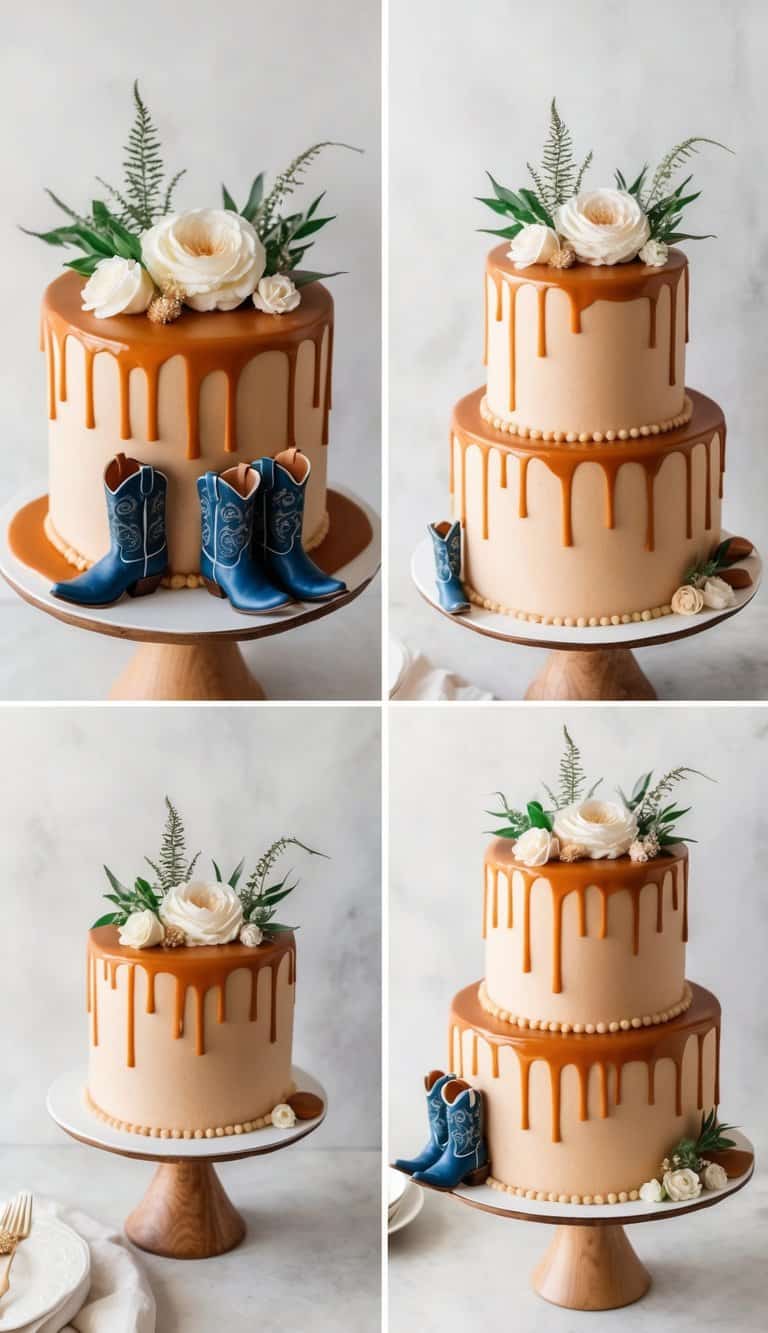 A caramel drip cake adorned with cowboy boots and western-themed decorations