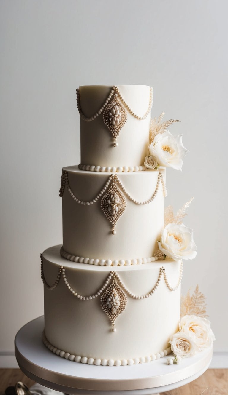 A tiered cake adorned with intricate beaded details and elegant decorations